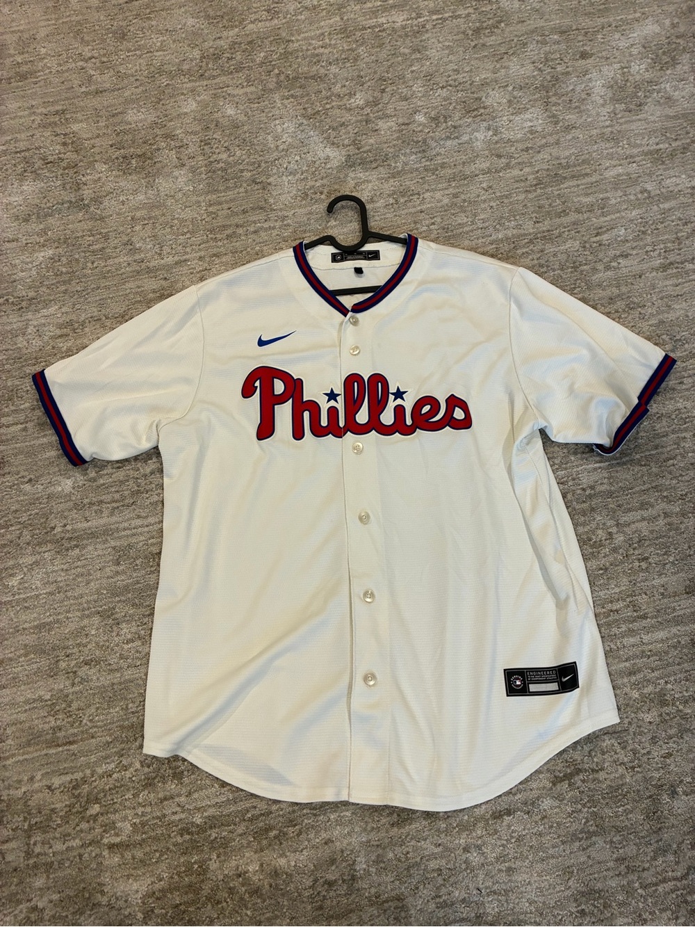 Nike White Phillies Button-Up Jersey with Red Script and Blue Accents